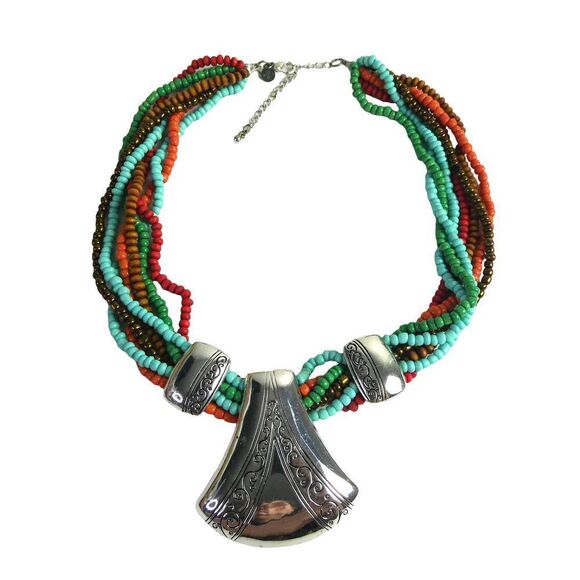 JJ Stamped Boho Multi Strand Beaded Necklace Southwestern Silver Tone Statement - Picture 1 of 9